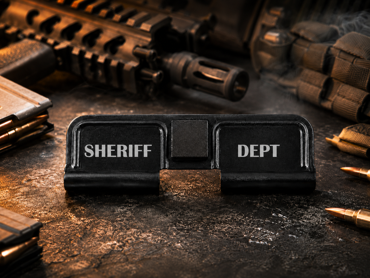 Sheriff Dept AR-15 Dust Cover showing the engraved artwork on both sides of the black steel cover.