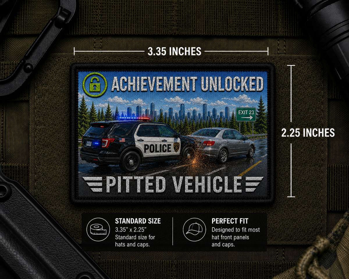 Pitted Vehicle Achievement Patch with dimensions and backing feature information.