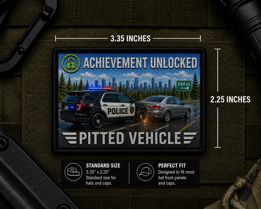 Pitted Vehicle Achievement Patch with dimensions and backing feature information.