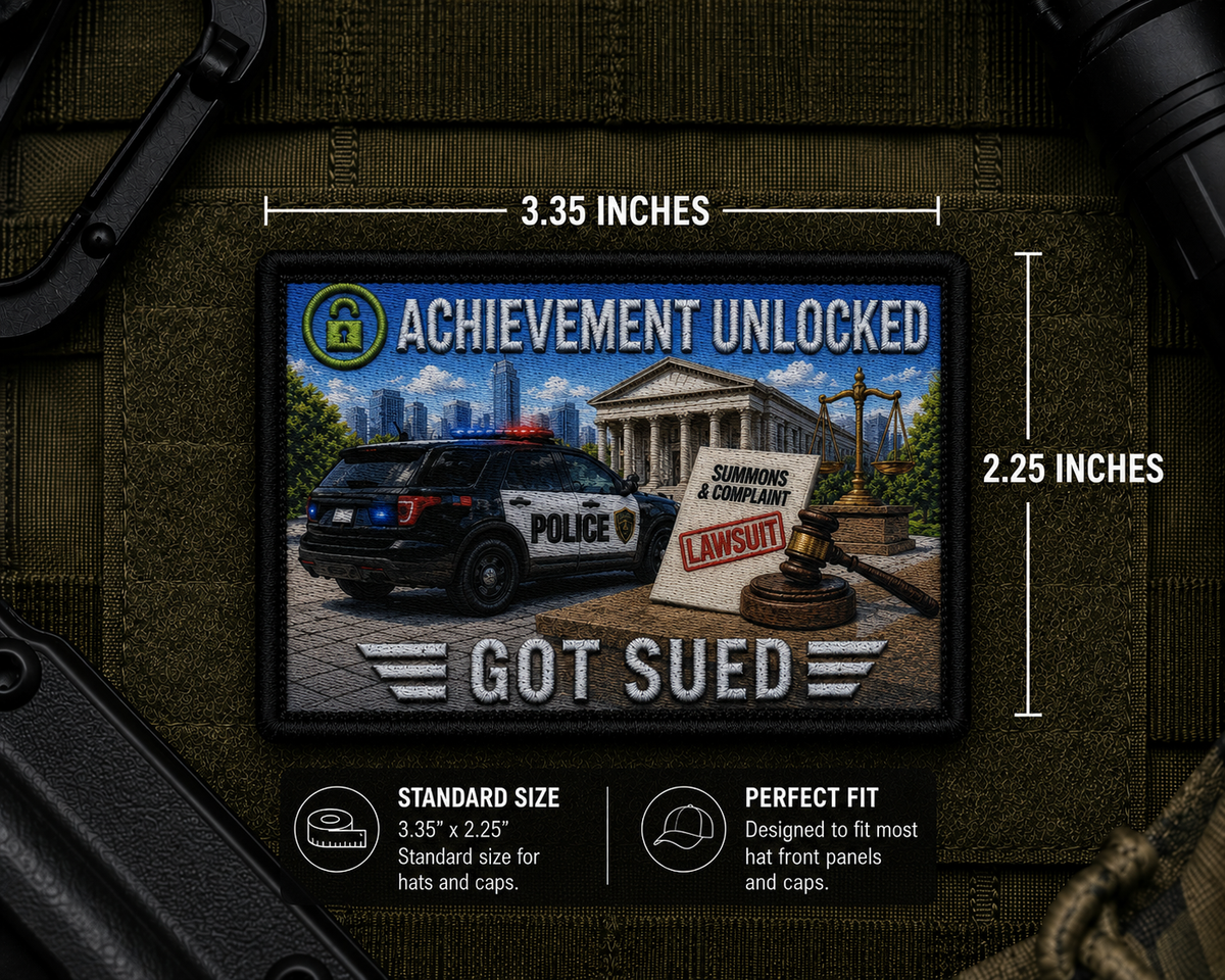 Got Sued Achievement Patch with dimensions and backing feature information.