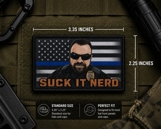 Suck It Nerd Patch with dimensions and backing feature information.