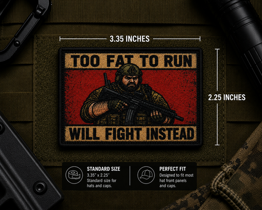 Too Fat To Run Patch with dimensions and backing feature information.