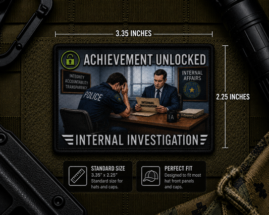 Internal Investigation Achievement Patch with dimensions and backing feature information.