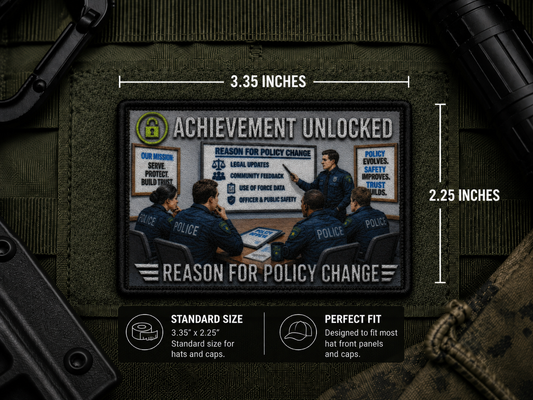 Reason For Policy Change Achievement Patch with dimensions and backing feature information.