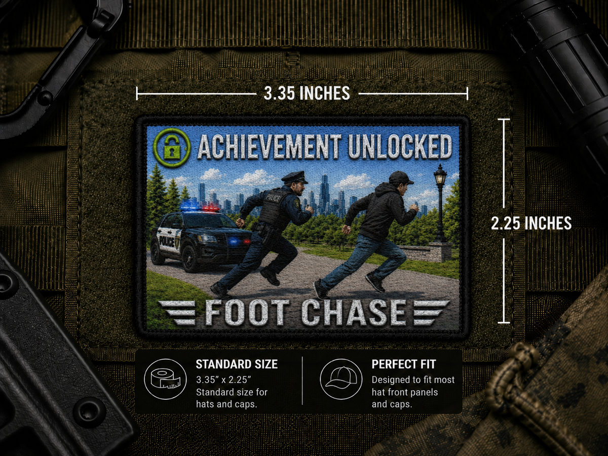 Foot Chase Achievement Patch with dimensions and backing feature information.