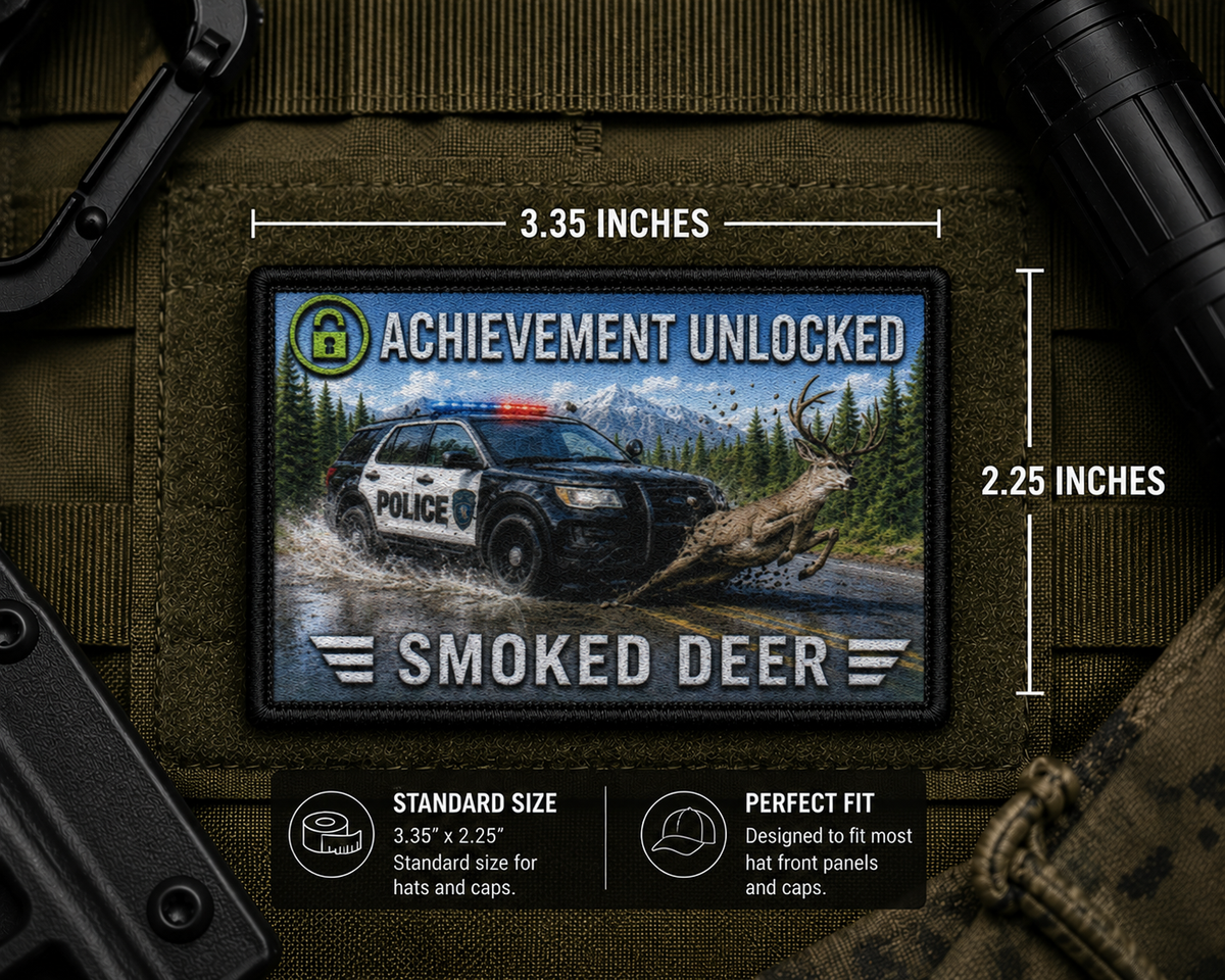 Smoked Deer Achievement Patch with dimensions and backing feature information.