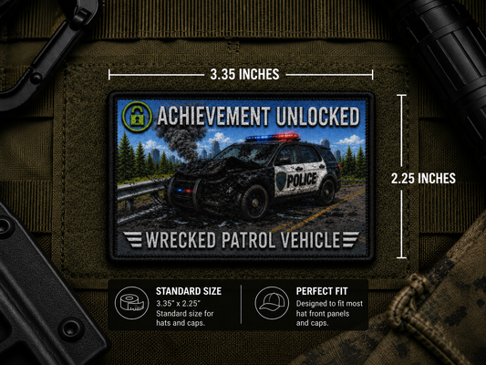 Wrecked Patrol Vehicle Achievement Patch with dimensions and backing feature information.