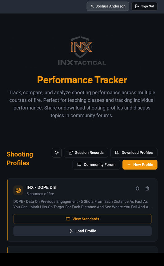 Performance Tracker home screen with shooter profile and shooting level.