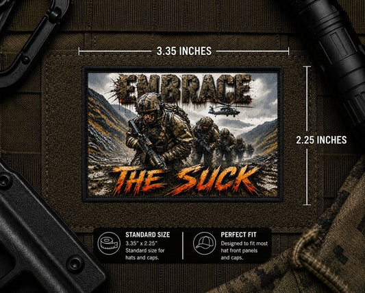 Embrace The Suck Patch with dimensions and backing feature information.