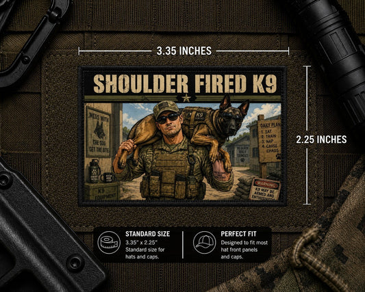Shoulder Fired K9 Patch with dimensions and backing feature information.