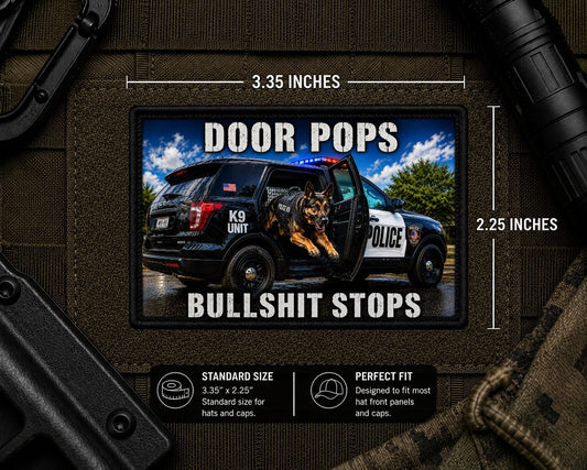 Door Pops Bullshit Stops Patch with dimensions and backing feature information.