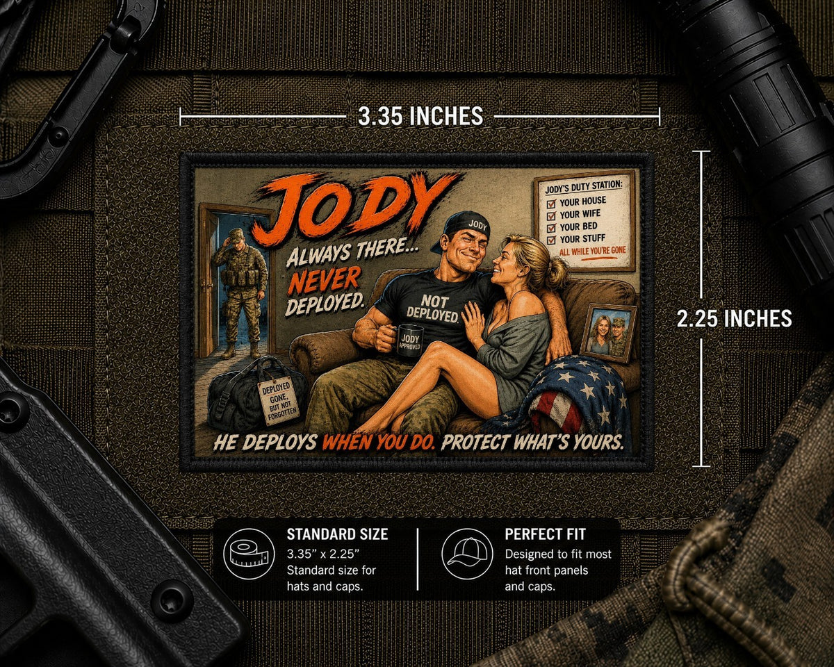 Jody Military Patch with dimensions and backing feature information.