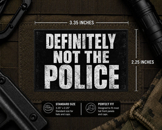 Definitely Not The Police Patch with dimensions and backing feature information.