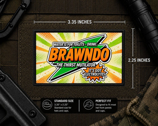 Brawndo The Thirst Mutilator Patch with dimensions and backing feature information.