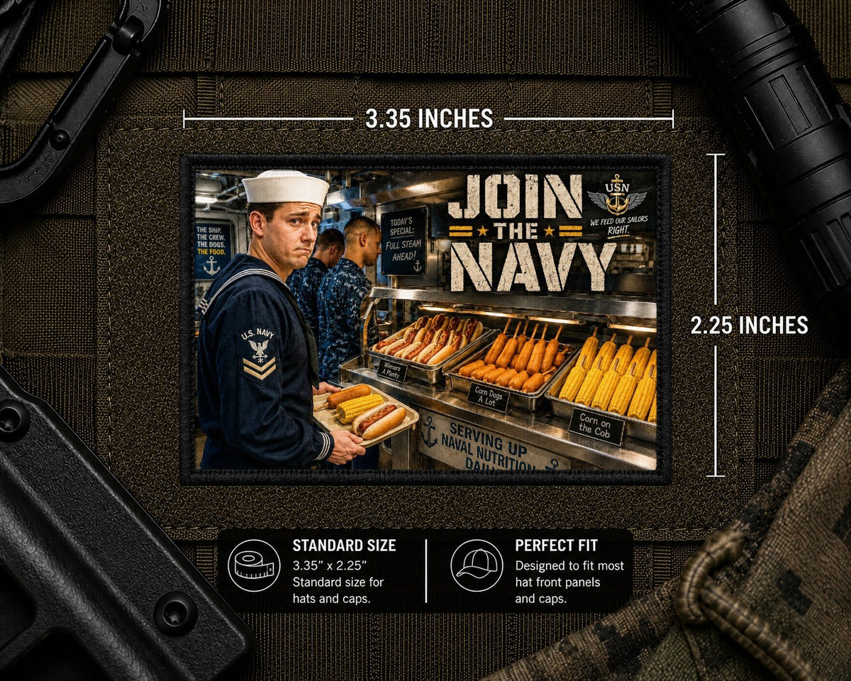 Navy Chow Patch with dimensions and backing feature information.
