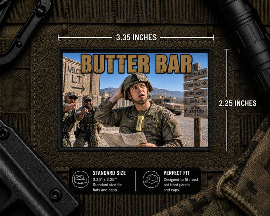 Butter Bar Patch with dimensions and backing feature information.