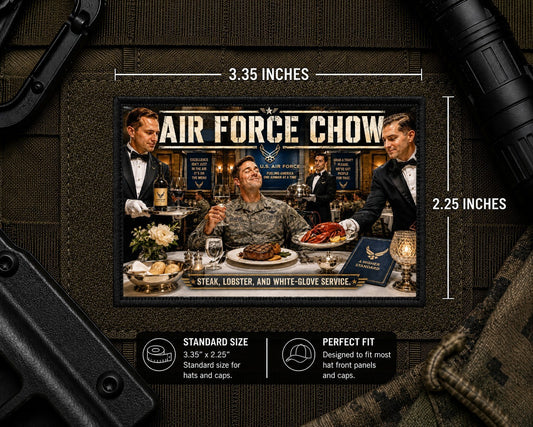 Air Force Chow Patch with dimensions and backing feature information.