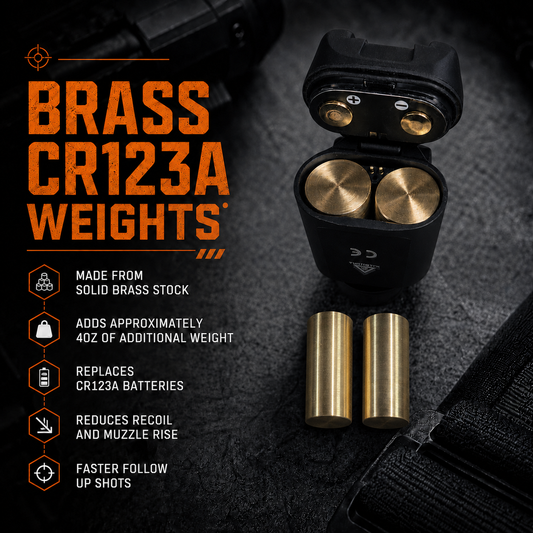 Two brass CR123A weights shown beside a pistol light with product information.
