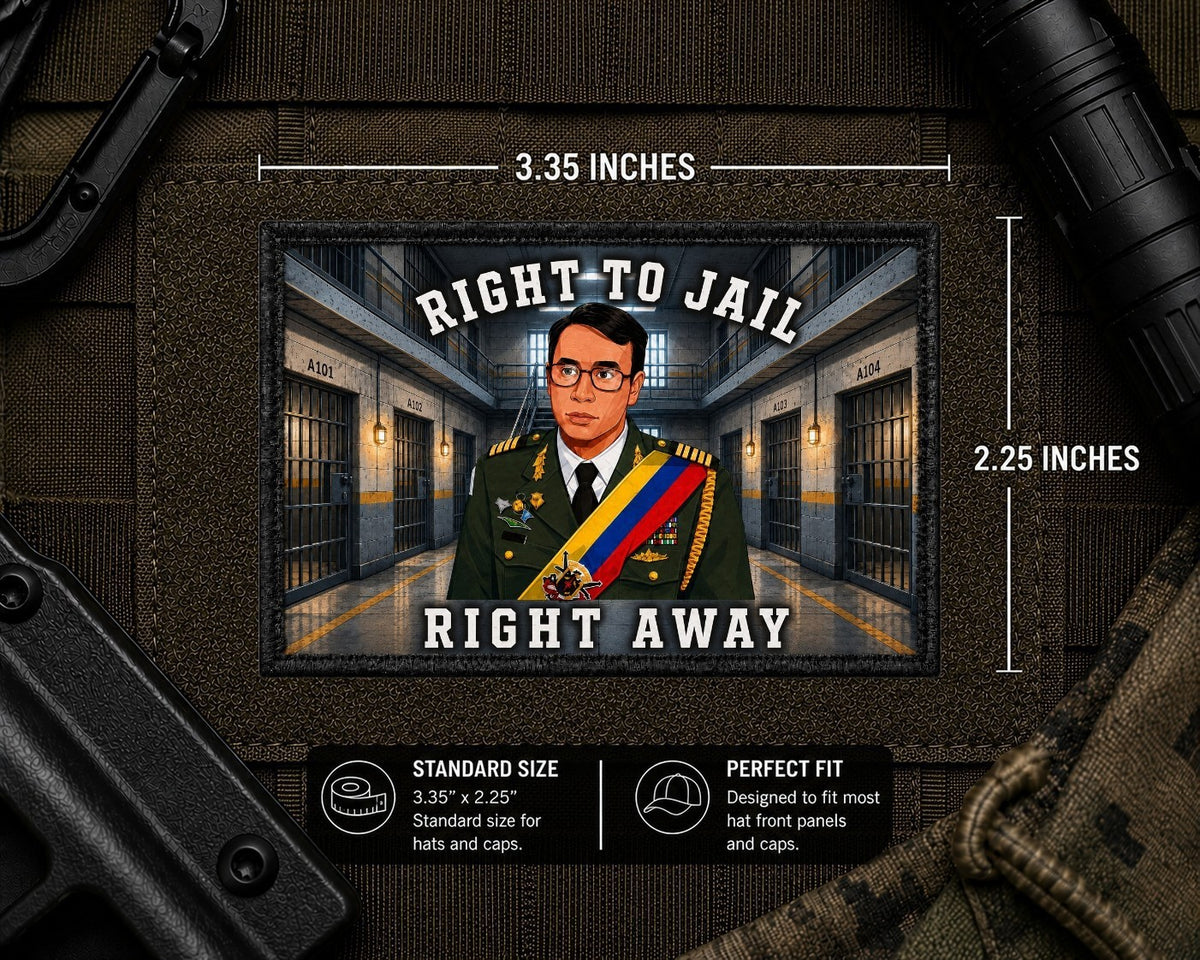 Right To Jail Patch with dimensions and backing feature information.