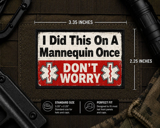 Dont Worry Patch with dimensions and backing feature information.