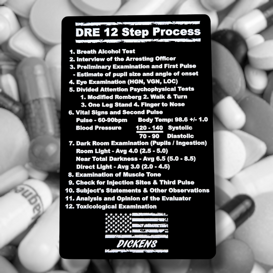 Drug Recognition Expert (DRE) Matrix Card showing laser-engraved metal card text and artwork.