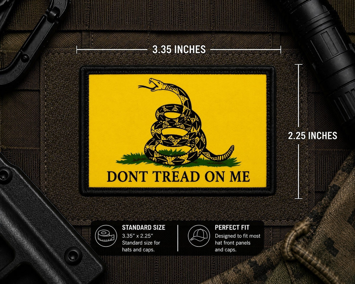 Dont Tread On Me Patch with dimensions and backing feature information.