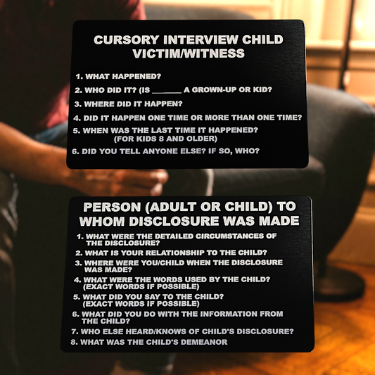 Cursory Interview Card showing laser-engraved metal card text and artwork.