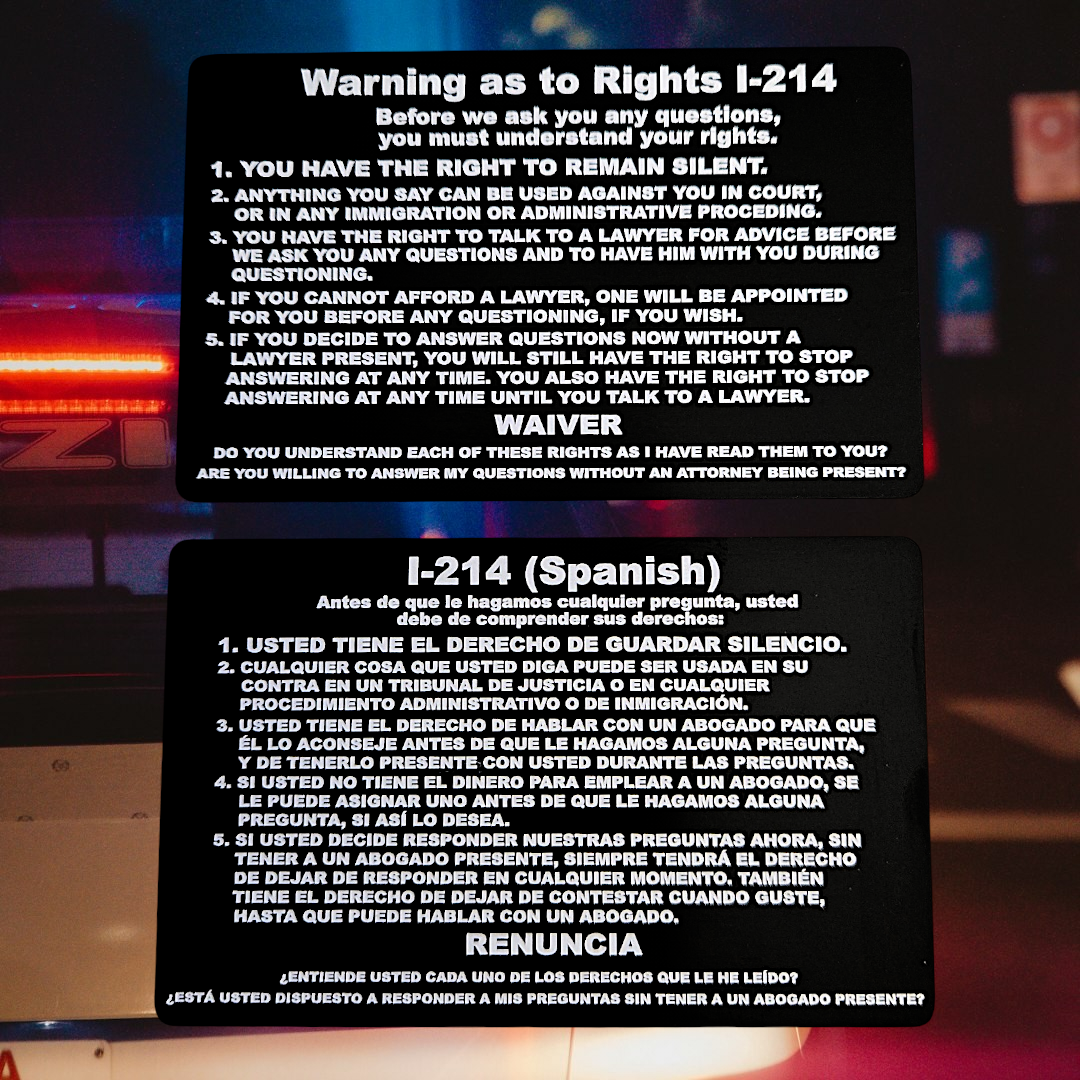 I-214 Warning Card showing laser-engraved metal card text and artwork.