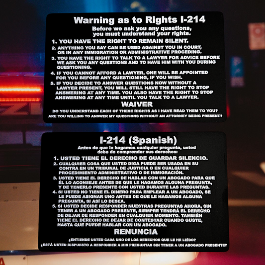 I-214 Warning Card showing laser-engraved metal card text and artwork.