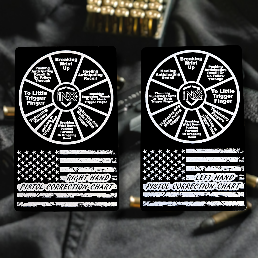 Pistol Correction Chart Card showing laser-engraved metal card text and artwork.