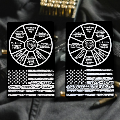 Pistol Correction Chart Card showing laser-engraved metal card text and artwork.