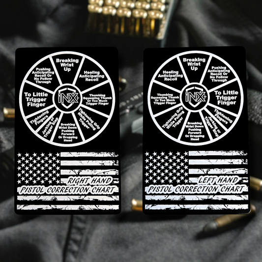 Pistol Correction Chart Card showing laser-engraved metal card text and artwork.