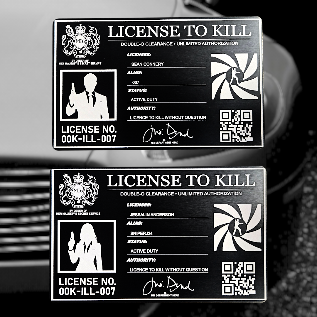 License To Kill Card showing laser-engraved metal card text and artwork.