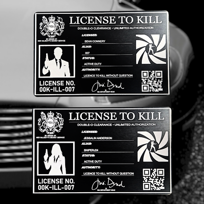 License To Kill Card showing laser-engraved metal card text and artwork.