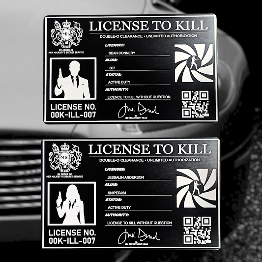 License To Kill Card showing laser-engraved metal card text and artwork.
