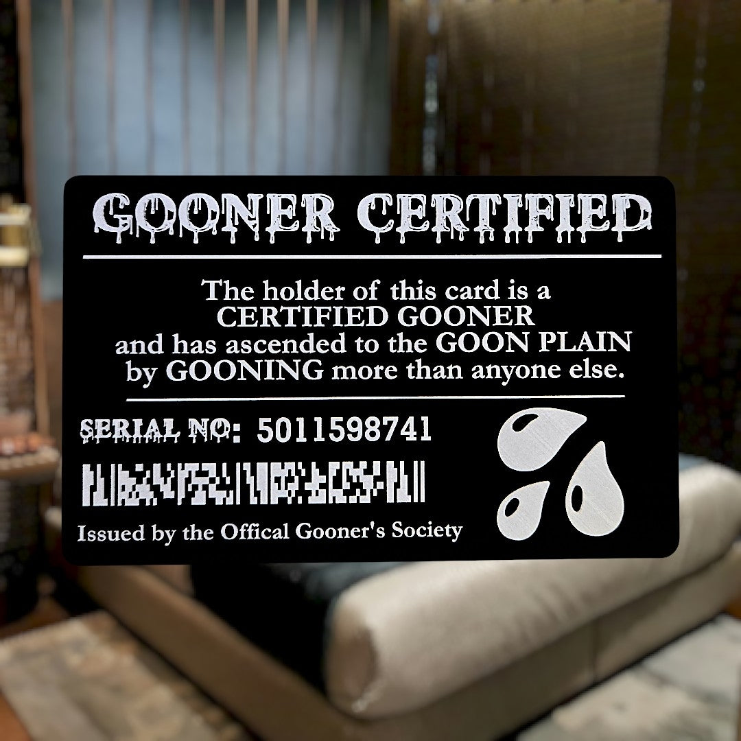 Gooner Certified Card showing laser-engraved metal card text and artwork.