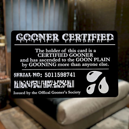 Gooner Certified Card showing laser-engraved metal card text and artwork.