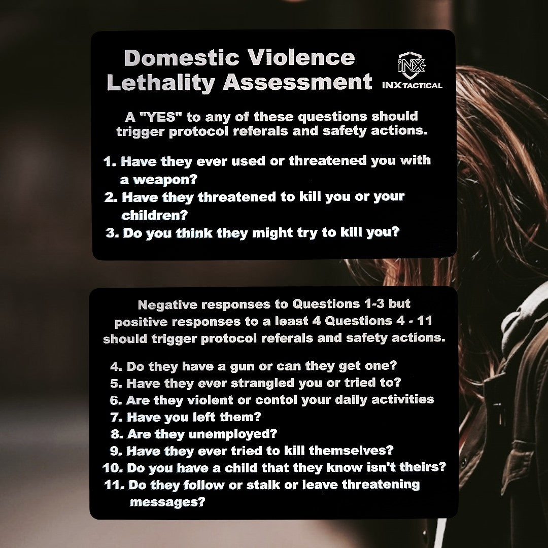 Domestic Violence Lethality Assessment Card showing laser-engraved metal card text and artwork.