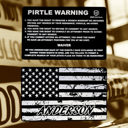 Pirtle Warning Card showing laser-engraved metal card text and artwork.