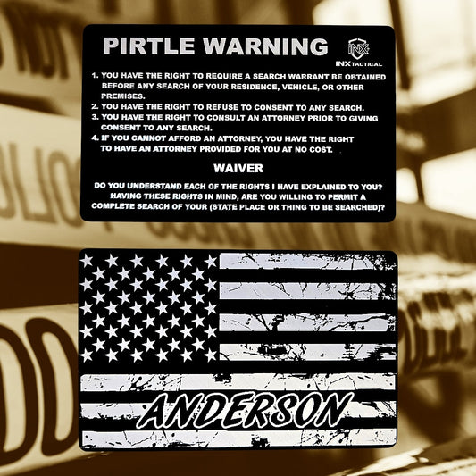 Pirtle Warning Card showing laser-engraved metal card text and artwork.