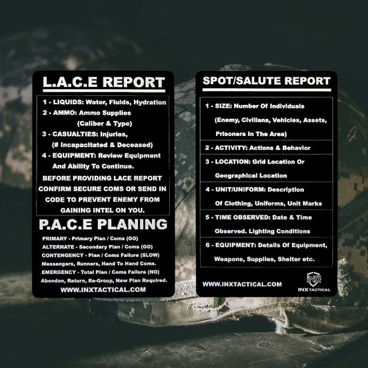 LACE / SALUTE Report Card showing laser-engraved metal card text and artwork.