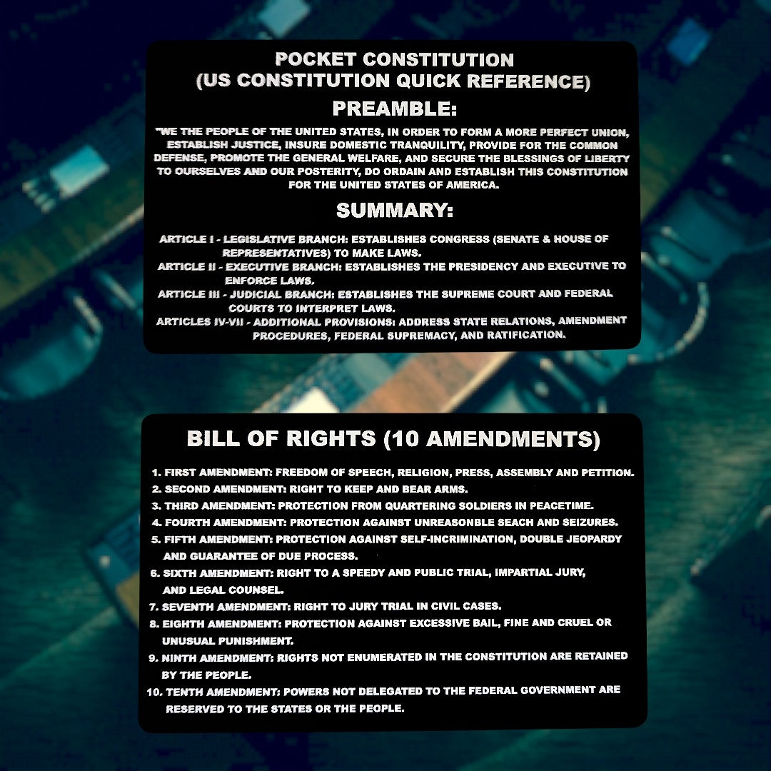Pocket Constitution & Bill Of Rights Card showing laser-engraved metal card text and artwork.