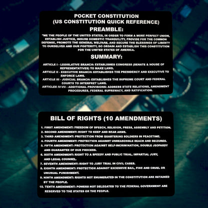 Pocket Constitution & Bill Of Rights Card showing laser-engraved metal card text and artwork.