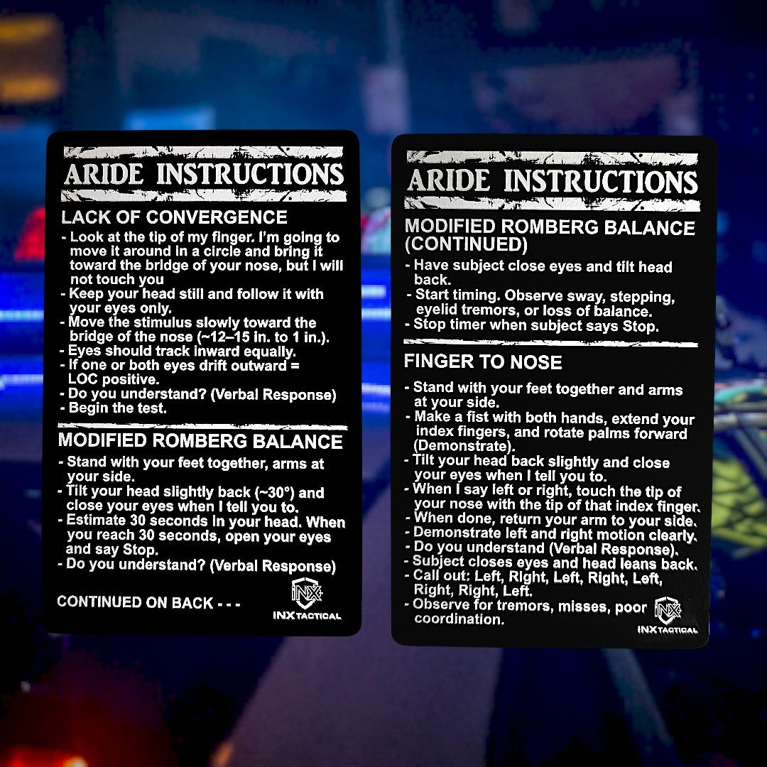 ARIDE (Advanced Roadside Impaired Driving Enforcement) Test Instructions Card showing laser-engraved metal card text and artwork.