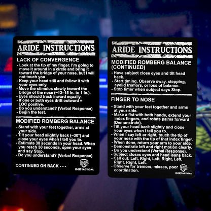 ARIDE (Advanced Roadside Impaired Driving Enforcement) Test Instructions Card showing laser-engraved metal card text and artwork.