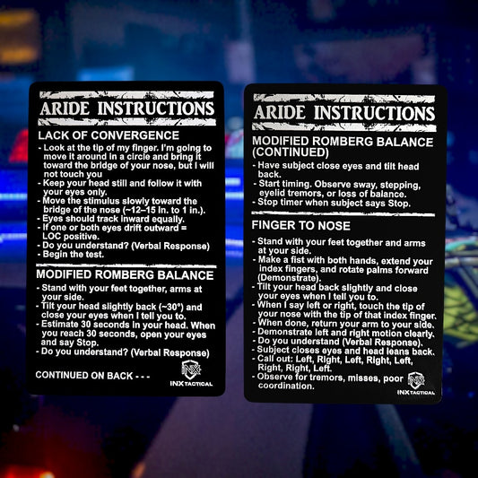 ARIDE (Advanced Roadside Impaired Driving Enforcement) Test Instructions Card showing laser-engraved metal card text and artwork.