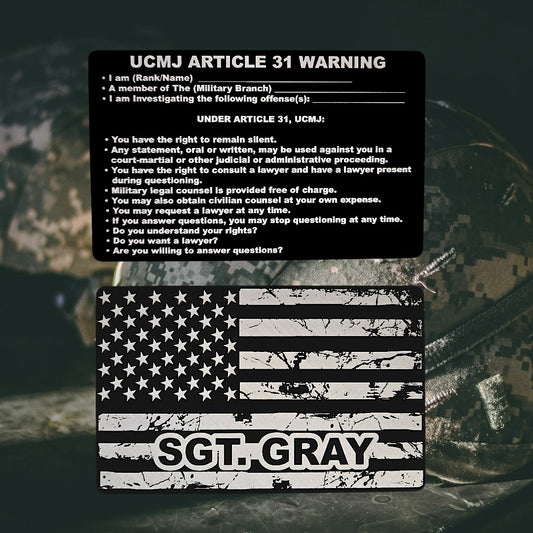 UCMJ Article 31 Warning Card showing laser-engraved metal card text and artwork.