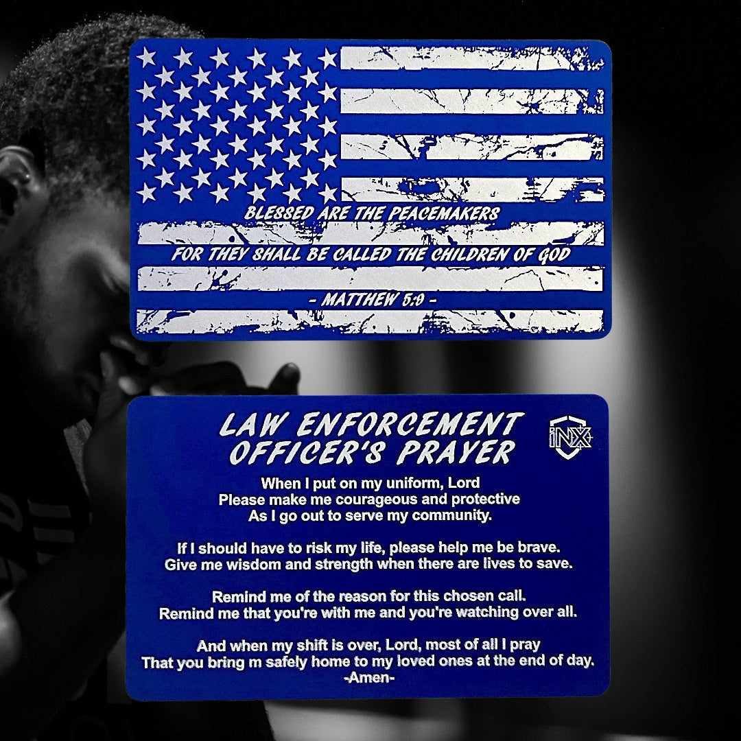Law Enforcement Officer's Prayer Card showing laser-engraved metal card text and artwork.