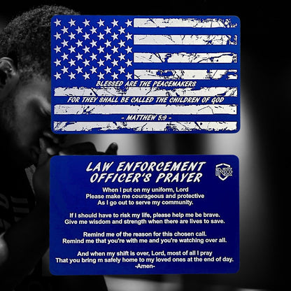 Law Enforcement Officer's Prayer Card showing laser-engraved metal card text and artwork.