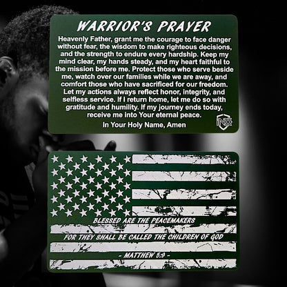 Warrior's Prayer Card showing laser-engraved metal card text and artwork.